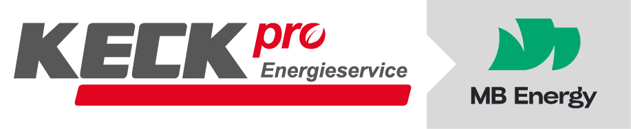 Links das Logo von KECK pro Energieservice in Grau und Rot mit einem roten Balken darunter, rechts auf grauem Hintergrund ein grünes stilisiertes Blatt-/Flügelsymbol und die Beschriftung MB Energy.