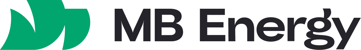 Logo von MB Energy: links ein grünes, stilisiertes Blatt- bzw. Flügelmotiv, rechts der schwarze Schriftzug "MB Energy".